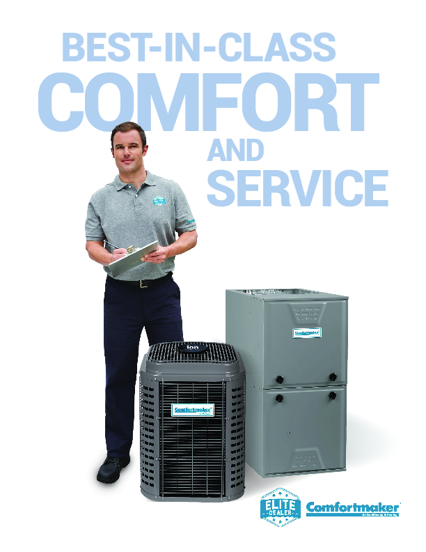 HVAC technician posing next to a Comfortmaker air conditioner and a Comfortmaker furnace. Text reads: Best-in-class comfort and service. Comfortmaker Elite Dealer badge is displayed in bottom left corner.